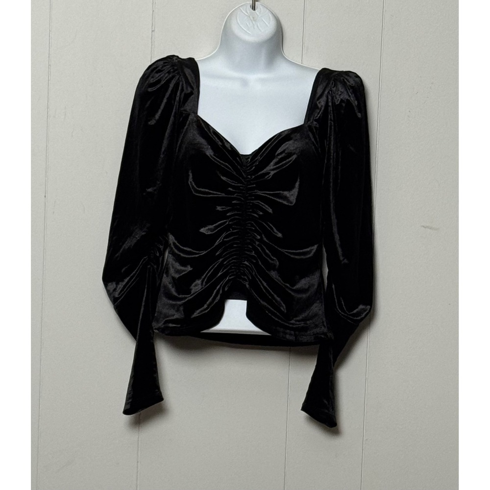 Express Women's Black Velvet Ruched Sweetheart Puff Sleeve Top Size Small